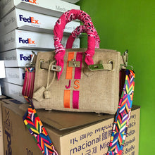 Afbeelding in Gallery-weergave laden, Burlap O'Kelly handbag tote bag with colorful striped handles and vibrant embroidered initials JS