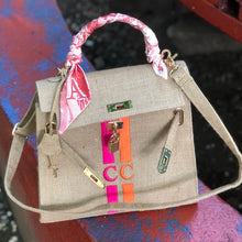 Afbeelding in Gallery-weergave laden, Burlap O'Kelly handbag tote bag with pink and orange stripes and pink scarf wrapped handle