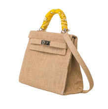 Afbeelding in Gallery-weergave laden, Burlap O'Kelly handbag tote bag with yellow patterned handle wrap and adjustable shoulder strap