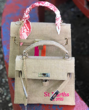 Afbeelding in Gallery-weergave laden, Burlap O'Kelly handbag tote bag with pink scarf handle and embroidered St Barths 2023 from Travellers Hat Boutique