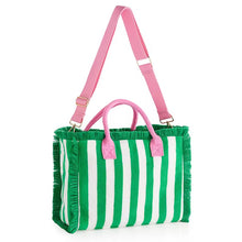 Load image into Gallery viewer, Travellers Hat Boutique green and white striped handbag with pink handles and adjustable shoulder strap