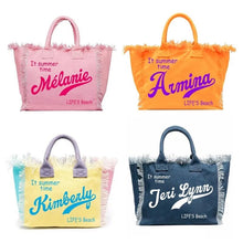 Cargar imagen en el visor de la galería, Personalized canvas tote with fringe available in pink orange yellow and navy blue by Travellers Hat Boutique