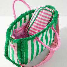 Load image into Gallery viewer, Green and white striped handbag with pink handles and matching pink striped pouch inside from Travellers Hat Boutique