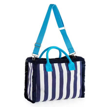 Load image into Gallery viewer, Striped handbag with blue handles and adjustable shoulder strap from Travellers Hat Boutique