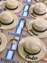 Carica l'immagine nel visualizzatore di Gallery, Custom embroidered round hat in beige with black band and personalized name embroidery by Travellers Hat Boutique