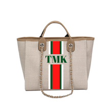 Load image into Gallery viewer, Travellers Hat Boutique custom monogram tote bag with beige fabric and red green white stripe design