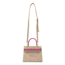Afbeelding in Gallery-weergave laden, Travellers Hat Boutique jute bag with croco leather handle in beige with pink accents and adjustable strap