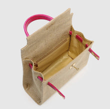Afbeelding in Gallery-weergave laden, Open jute bag with croco leather handle in pink showing spacious beige interior with zipper pocket