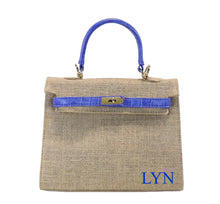 Afbeelding in Gallery-weergave laden, Travellers Hat Boutique jute bag with croco leather handle in blue and natural tote bag