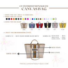 Load image into Gallery viewer, Custom monogram tote bag from Travellers Hat Boutique with personalized text and stripe color options