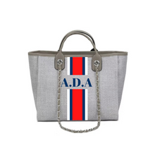 Load image into Gallery viewer, Custom monogram tote bag from Travellers Hat Boutique with gray fabric and red blue stripe