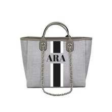 Load image into Gallery viewer, Grey custom monogram tote bag with black and white vertical stripes and chain handles