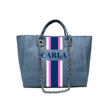 Load image into Gallery viewer, Custom monogram tote bag in blue with striped design and name Carla by Travellers Hat Boutique
