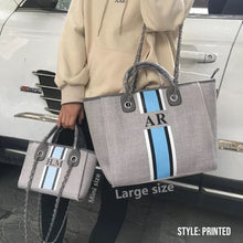 Load image into Gallery viewer, Custom monogram tote bag in large and mini sizes with blue and white stripe design