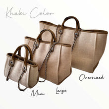 Load image into Gallery viewer, Khaki color custom monogram tote bag collection in mini large and oversized sizes with leather handles and chain straps