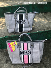 Load image into Gallery viewer, Custom monogram tote bag by Travellers Hat Boutique with handpainted and embroidered MKS design