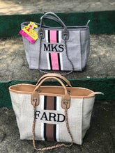 Load image into Gallery viewer, Travellers Hat Boutique custom monogram tote bag in gray with pink stripes and tan with brown stripes