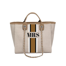 Load image into Gallery viewer, Travellers Hat Boutique custom monogram tote bag in beige with MRS initials and striped design