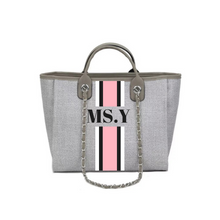Load image into Gallery viewer, Grey custom monogram tote bag with pink and black stripes and MS.Y initials from Travellers Hat Boutique