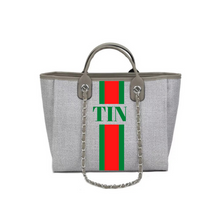 Load image into Gallery viewer, Travellers Hat Boutique custom monogram tote bag with gray fabric and green red stripe design