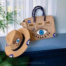 Load image into Gallery viewer, 35cm printed burlap bag with blue eye design and matching hat from Travellers Hat Boutique
