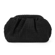 Charger l&#39;image dans la galerie, Black textured fabric clutch from Travellers Hat Boutique with a soft gathered design

