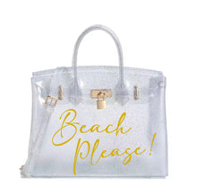 Carregar imagem no visualizador da galeria, Clear personalized Beachkin tote bag with gold lock and yellow Beach Please text by Travellers Hat Boutique
