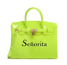 Carregar imagem no visualizador da galeria, Bright lime green personalized Beachkin tote bag by Travellers Hat Boutique with Señorita text and shoulder strap
