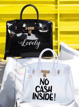 Carregar imagem no visualizador da galeria, Personalized Beachkin tote bags in black and clear with custom text designs from Travellers Hat Boutique
