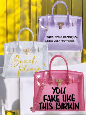 Personalized Beachkin tote bags in purple, white, and pink with printed quotes and gold hardware