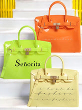 Carregar imagem no visualizador da galeria, Personalized Beachkin tote bags in orange, lime green, and cream with lock details and stylish designs
