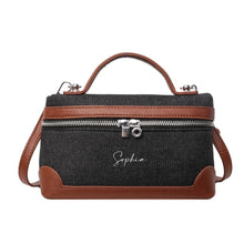 Load image into Gallery viewer, Custom square denim purse tote bag with brown leather accents and top handle by Travellers Hat Boutique
