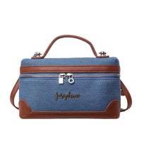 Load image into Gallery viewer, Travellers Hat Boutique custom square denim purse tote bag with brown leather accents and zipper closure
