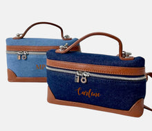 Load image into Gallery viewer, Custom square denim purse tote bags by Travellers Hat Boutique in blue and dark blue with brown handles and zipper accents
