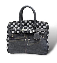 Load image into Gallery viewer, Travellers Hat Boutique tote bag styled as denim blue jeans handbag with checkered fabric accents

