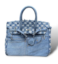 Load image into Gallery viewer, Denim blue jeans handbag tote bag with checkered pattern and stitched pocket details by Travellers Hat Boutique
