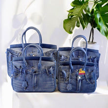 Load image into Gallery viewer, Denim blue jeans handbag tote bags in various sizes from Travellers Hat Boutique displayed with green plant
