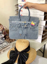 Load image into Gallery viewer, Traveller Hat Boutique denim blue jeans handbag tote bag with belt detail and gold lock
