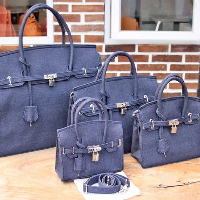 Denim blue jeans handbag collection of tote bags with locks and handles from Travellers Hat Boutique