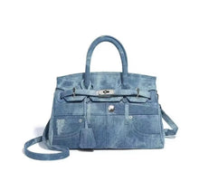Load image into Gallery viewer, Travellers Hat Boutique denim blue jeans handbag tote bag with metal clasp and shoulder strap
