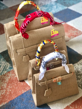 Cargar imagen en el visor de la galería, Set of eco friendly kelly style tote bags with colorful patterned handles from Travellers Hat Boutique
