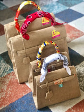 Load image into Gallery viewer, Set of eco friendly kelly style tote bags with colorful patterned handles from Travellers Hat Boutique
