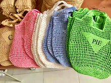 Carregar imagem no visualizador da galeria, Colorful handmade raffia bucket bag tote bags in pink, white, blue, and green by Travellers Hat Boutique
