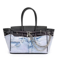Carregar imagem no visualizador da galeria, Travellers Hat Boutique large denim leather handbag 45cm with chain accents and black leather trim
