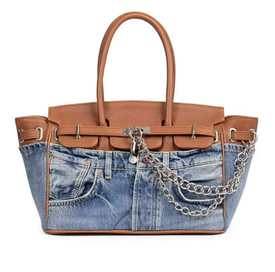 Large denim leather handbag 45cm with brown leather handles and silver chain detail