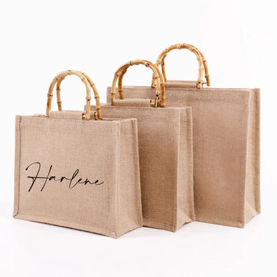 Personalized eco friendly tote bags with bamboo handles by Travellers Hat Boutique in three sizes