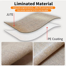 Lataa kuva Galleria-katseluun, Close-up of laminated jute material with PE coating for personalized eco friendly tote bag durability
