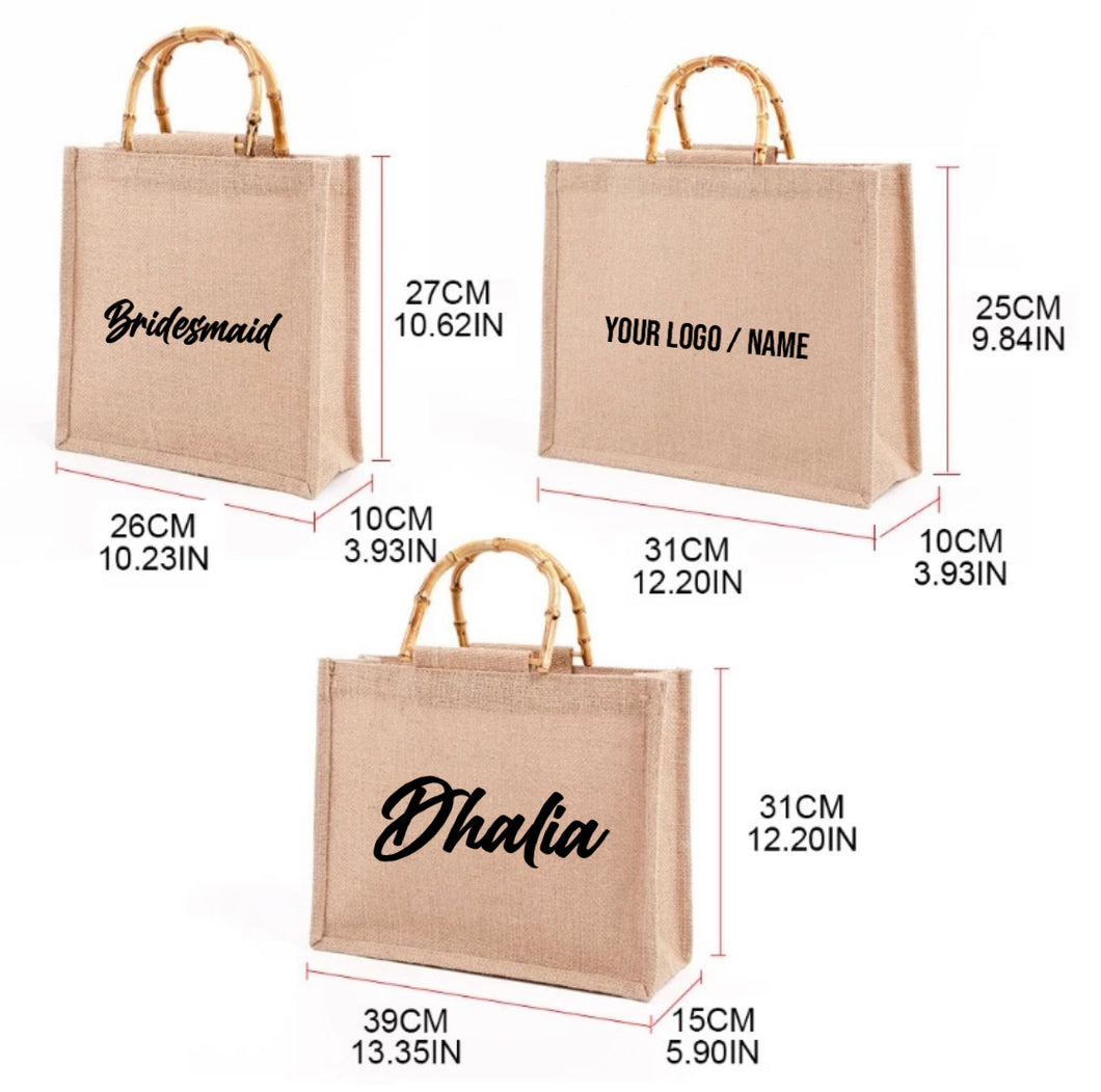 Personalized eco friendly tote bags with bamboo handles in various sizes from Travellers Hat Boutique