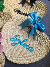 Load image into Gallery viewer, Personalized embroidered abaniko fan with blue ribbon and custom name embroidery
