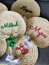 Load image into Gallery viewer, Personalized embroidered abaniko fan accessories from Travellers Hat Boutique with colorful name embroidery and ribbon details
